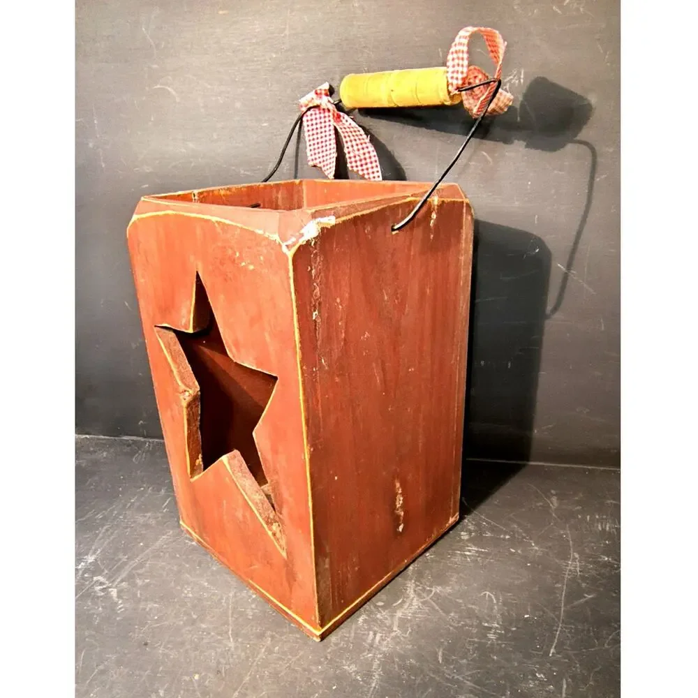2000.  Rustic Red Wooden Lantern Candle Box Primitive Folk Art Star Cut Out